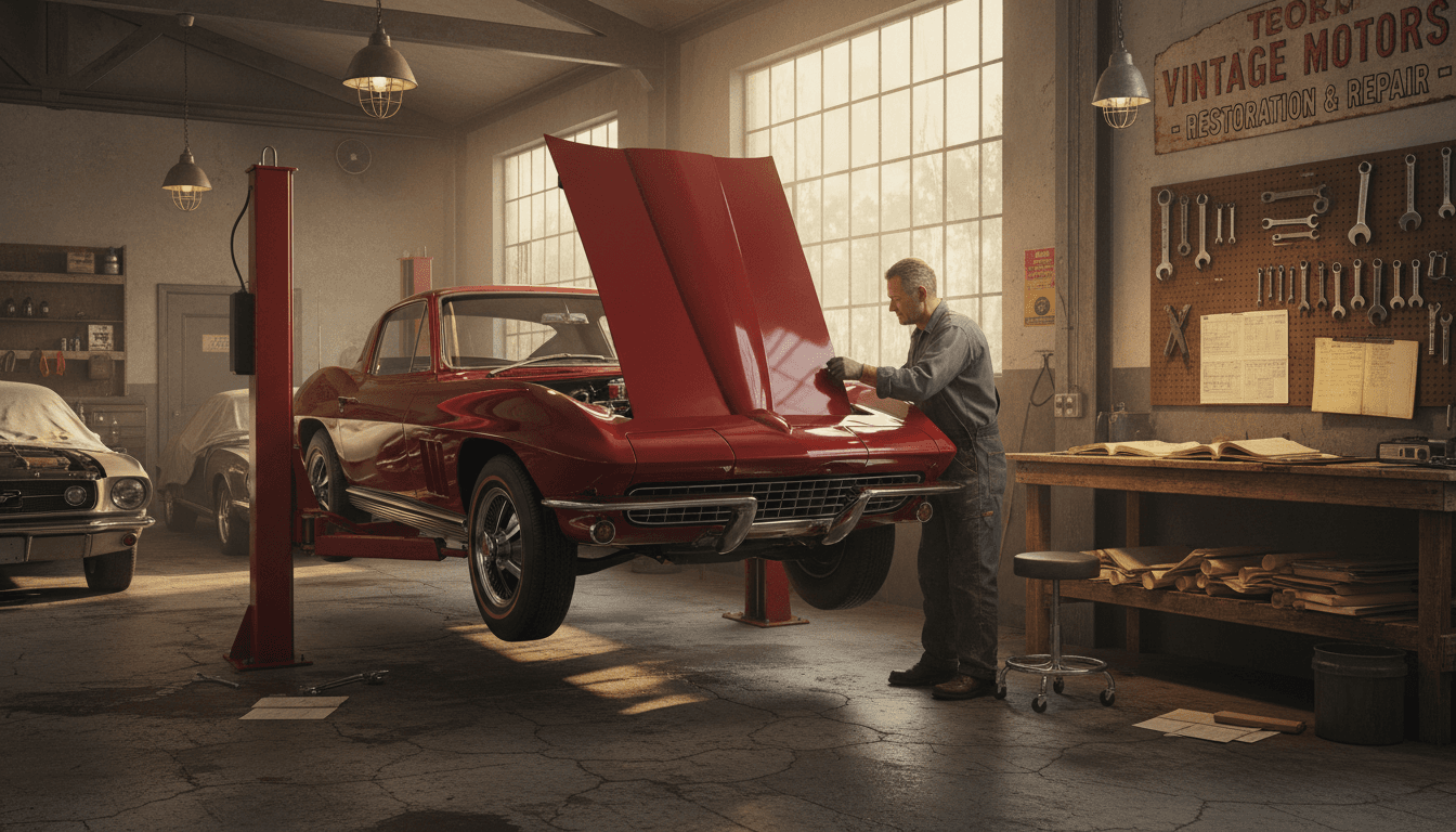 Restored 1969 Jeepster Commando in professional workshop setting