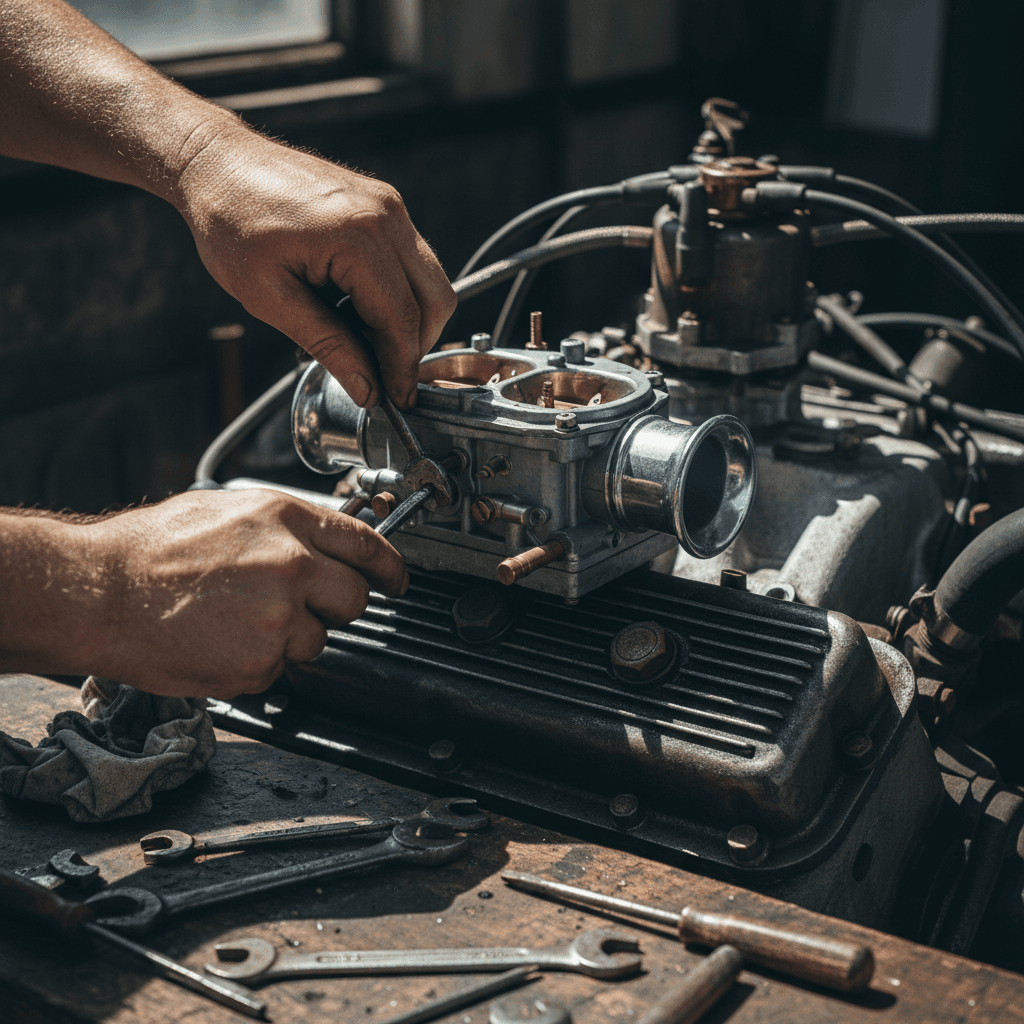 Mechanic installing restored engine block in 1969 Jeepster Commando