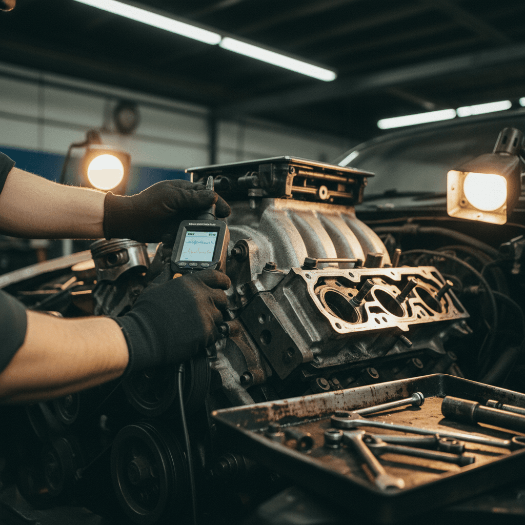 Hands performing detailed restoration work on vintage Jeep engine